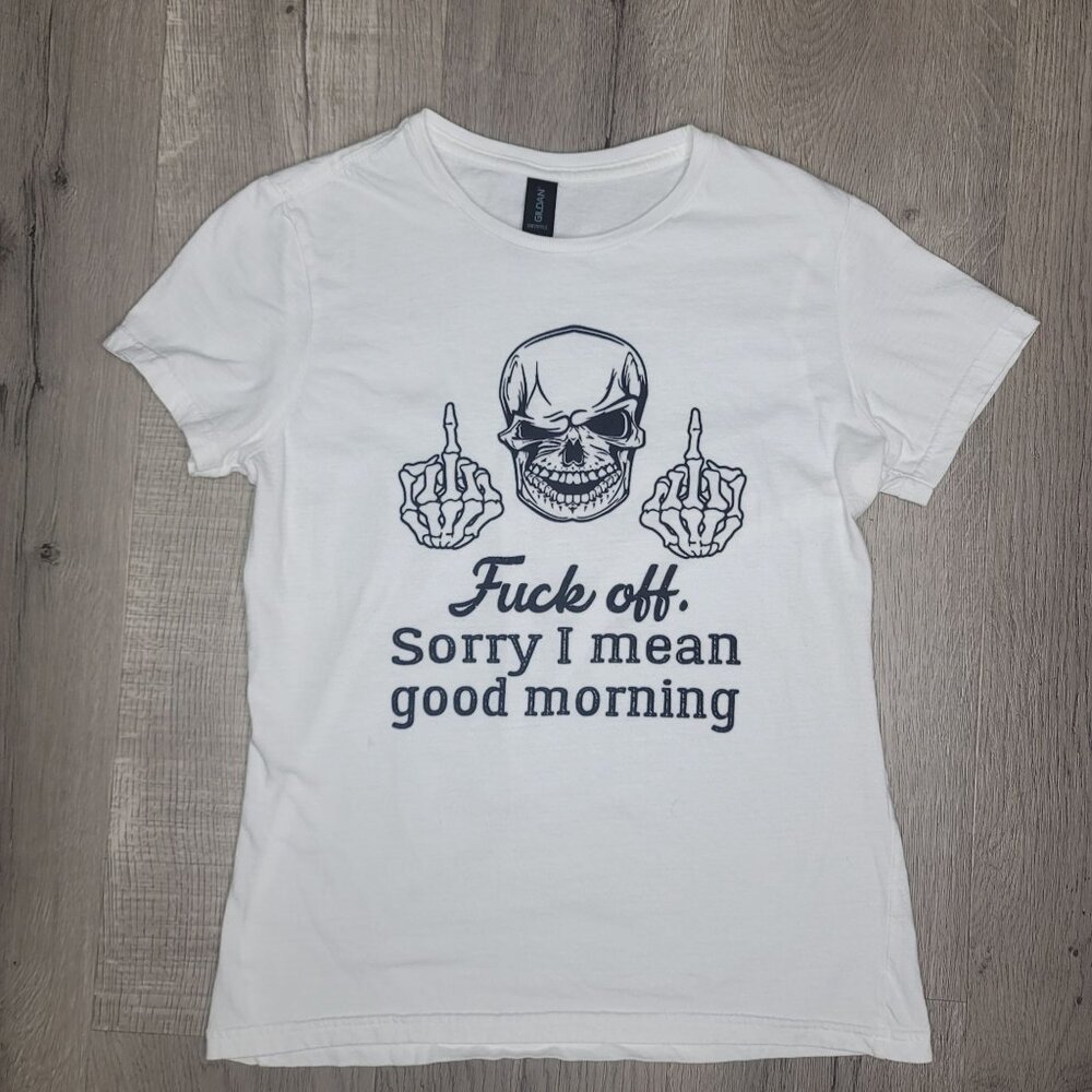 Funny Gildan Softstyle White T-Shirt With Skull & Middle Finger Design